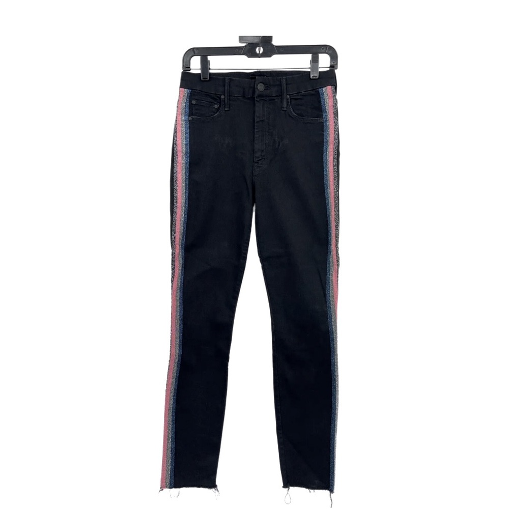 NWT MOTHER High Waisted LOOKER Ankle Fray Black GUILTY GLITTER Stripe Jeans 27
